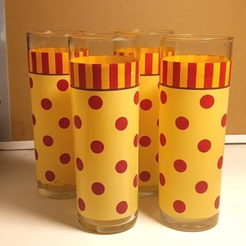 Gail Pittman MCM Sienna Red Yellow Polka Dot Striped Highball Glasses